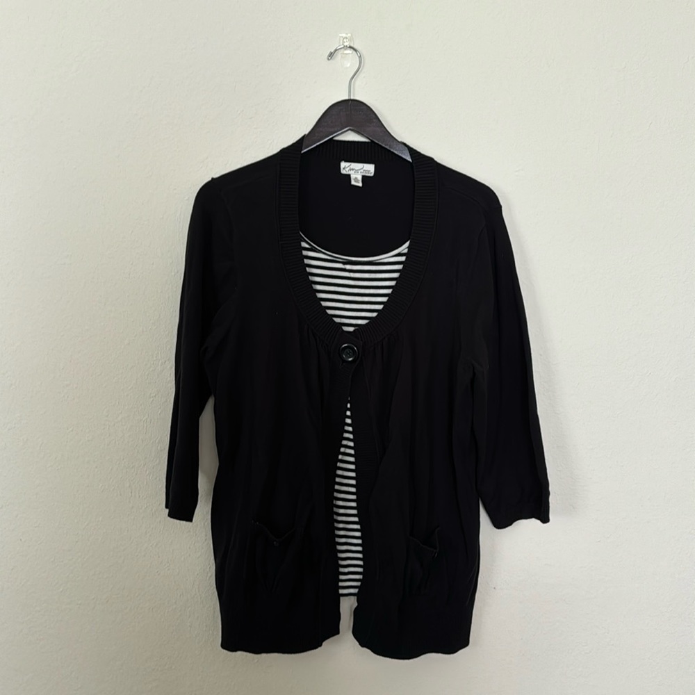 Plus Size Cardigan with Striped Undershirt Kim Rogers